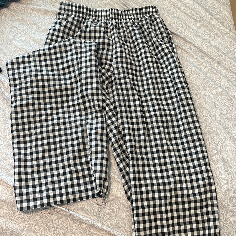 Straight leg high waist Buffalo plaid black and white cotton pants